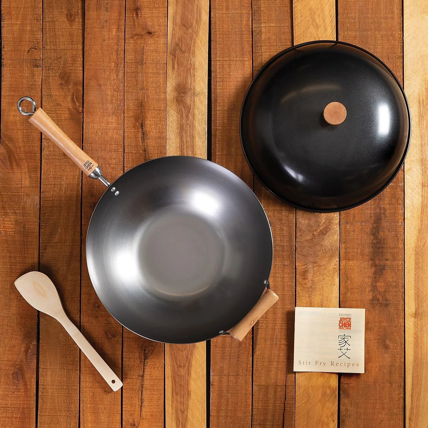 JOYCE CHEN Classic Series 14-Inch Uncoated Carbon Steel Wok Set with Lid and Birch Handles, 4 Pieces