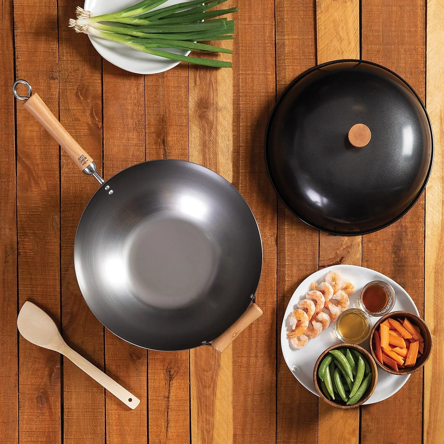 JOYCE CHEN Classic Series 14-Inch Uncoated Carbon Steel Wok Set with Lid and Birch Handles, 4 Pieces