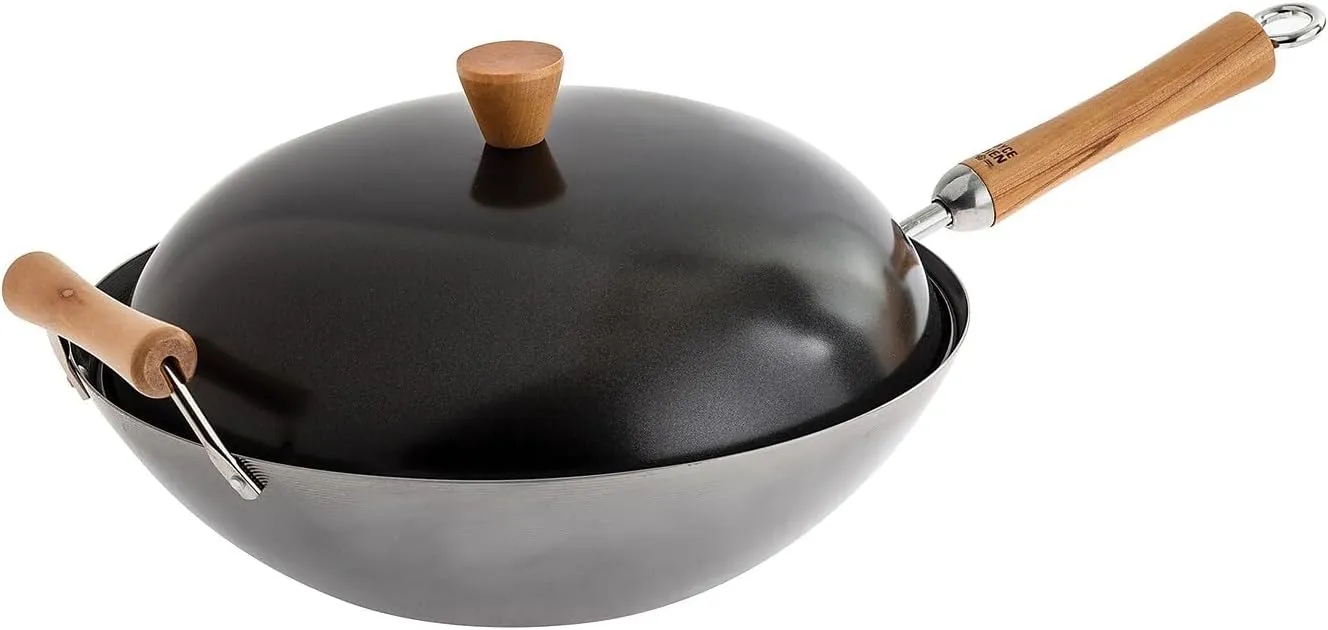 JOYCE CHEN Classic Series 14-Inch Uncoated Carbon Steel Wok Set with Lid and Birch Handles, 4 Pieces