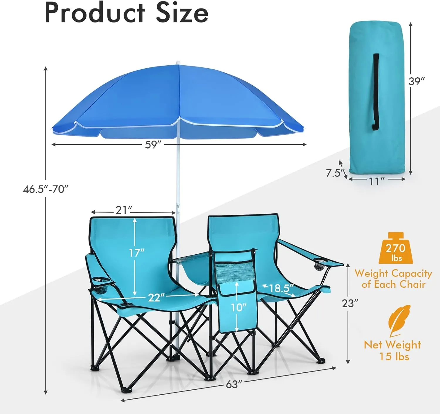 Julimoon Double Folding Camping Chairs w/Removable Umbrella, Portable Picnic Loveseat w/Mini Table, Cup Holder & Carrying Bag, 2-Person Picnic Chairs for Patio, Beach, Picnic, Outdoor (Turquoise)