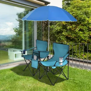 Julimoon Double Folding Camping Chairs w/Removable Umbrella, Portable Picnic Loveseat w/Mini Table, Cup Holder & Carrying Bag, 2-Person Picnic Chairs for Patio, Beach, Picnic, Outdoor (Turquoise)