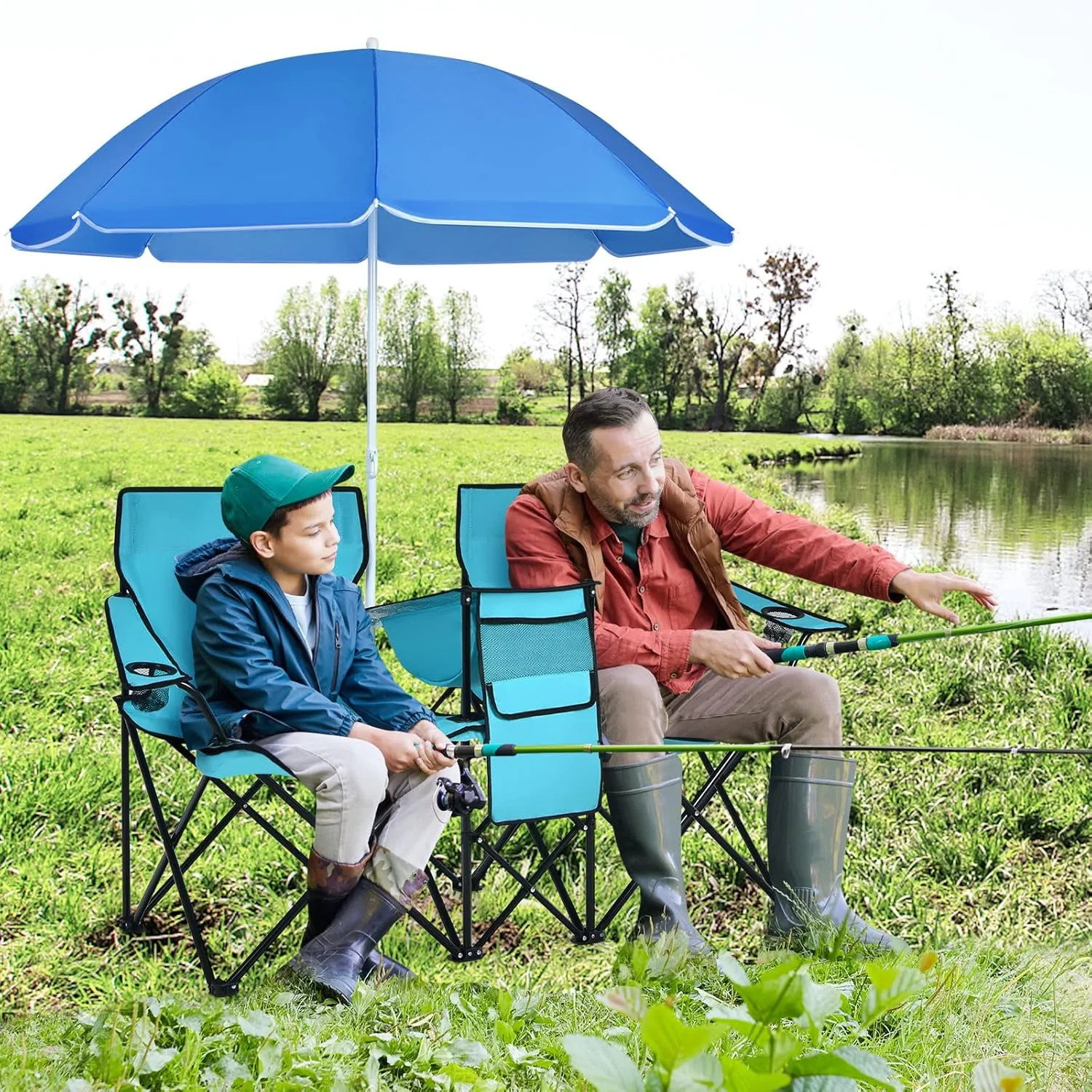 Julimoon Double Folding Camping Chairs w/Removable Umbrella, Portable Picnic Loveseat w/Mini Table, Cup Holder & Carrying Bag, 2-Person Picnic Chairs for Patio, Beach, Picnic, Outdoor (Turquoise)