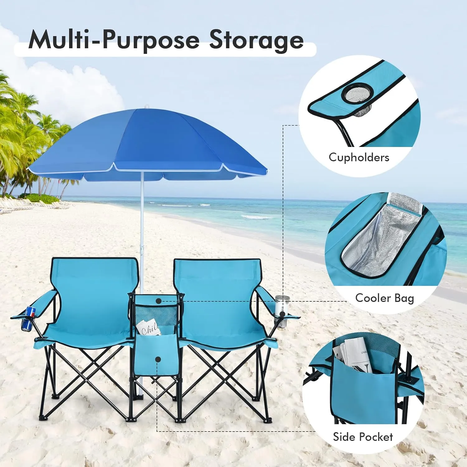 Julimoon Double Folding Camping Chairs w/Removable Umbrella, Portable Picnic Loveseat w/Mini Table, Cup Holder & Carrying Bag, 2-Person Picnic Chairs for Patio, Beach, Picnic, Outdoor (Turquoise)