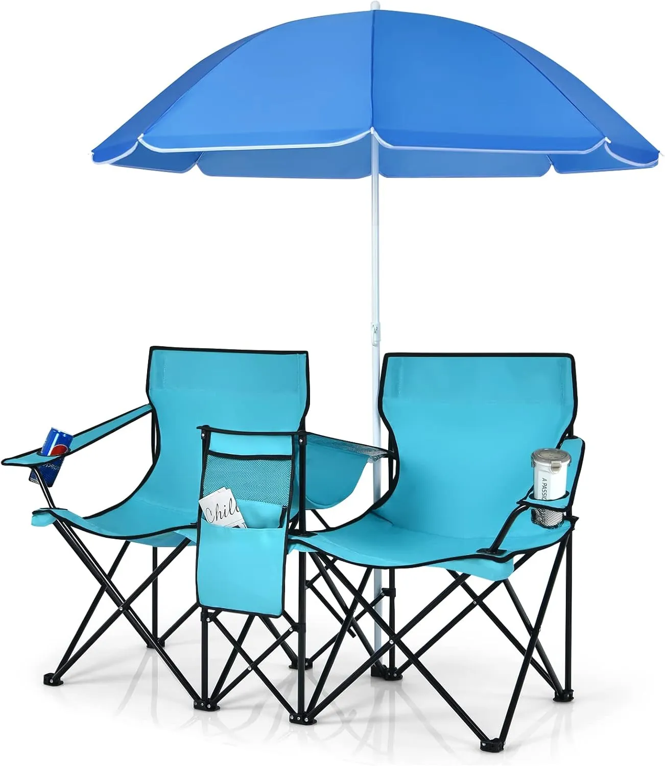 Julimoon Double Folding Camping Chairs w/Removable Umbrella, Portable Picnic Loveseat w/Mini Table, Cup Holder & Carrying Bag, 2-Person Picnic Chairs for Patio, Beach, Picnic, Outdoor (Turquoise)