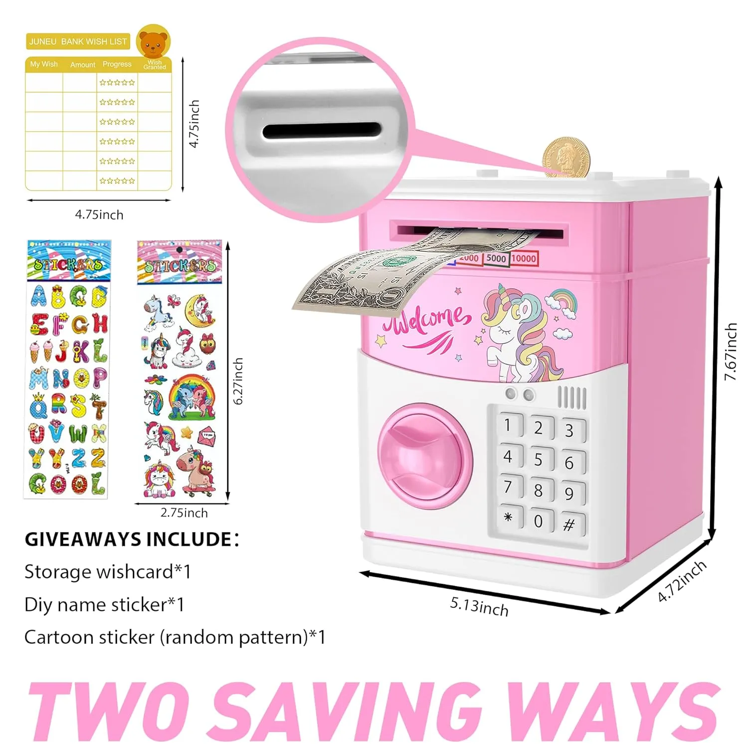 JUNEU Unicorn Piggy Bank for Kids, Gifts for 5 6 7 8 9 10 Year Old Girls, Kids Electronic Piggy Bank, Girls Birthday Gifts, Toys for Girl Boys, Kids Money Saving Bank