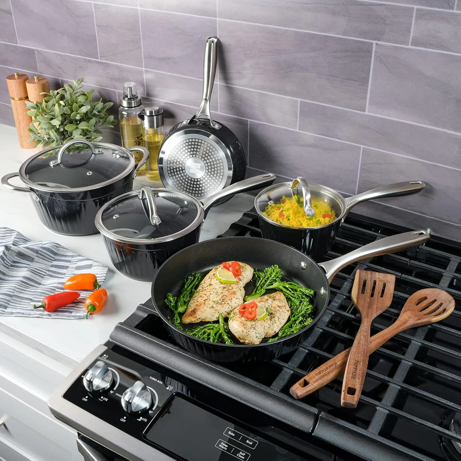 Kenmore Logan Black Stripe 10-Piece Nonstick Aluminum Induction Safe Cookware Set