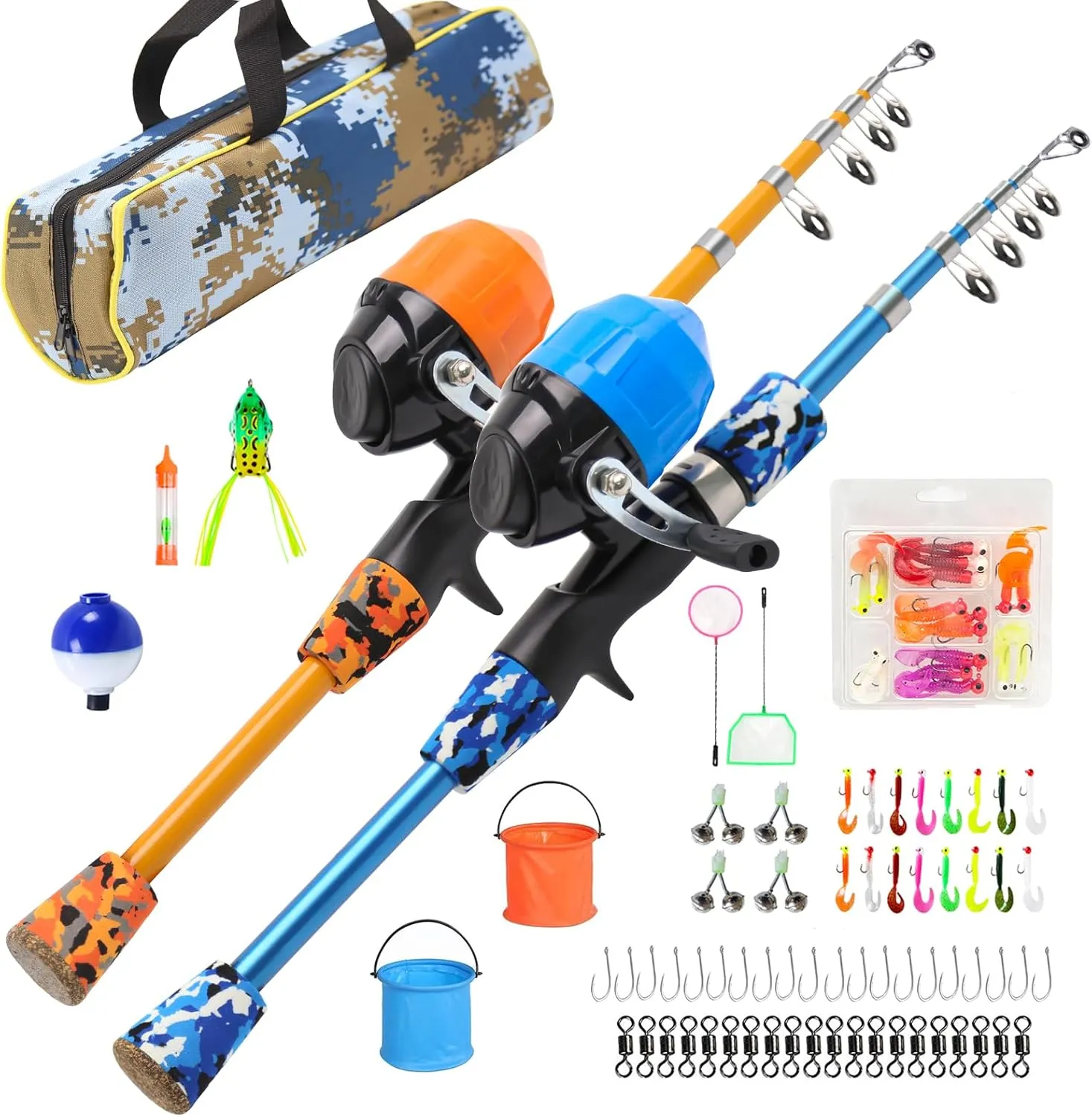 Kid Fishing Pole,BETTER LEADER Small Fishing Pole and Reel Combo Portable Telescopic Kids Fishing kit-with Soft Bait Set, Small Buckets, Small Fishing nets, Fishing Gift