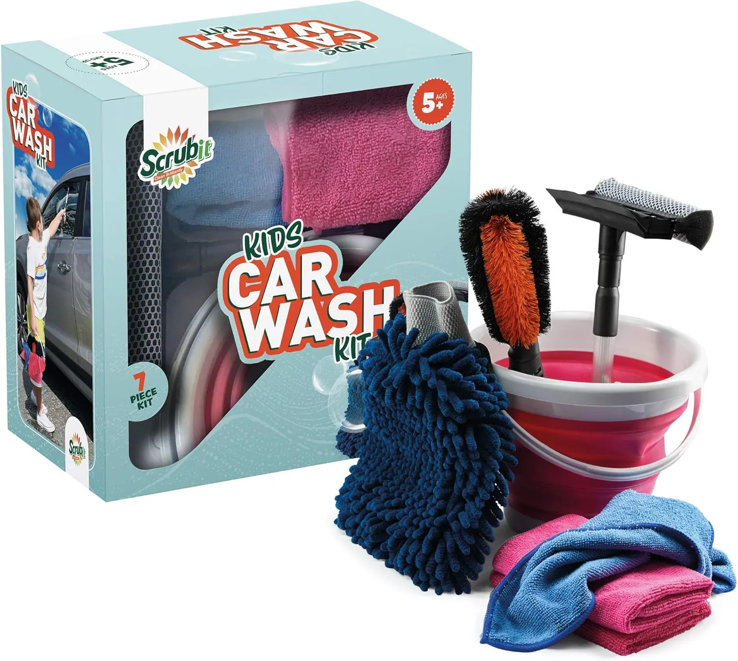 Kids Car Wash Activity Kit – 7 Kid-Sized Carwash Accessories Gifts for Boys & Girls Ages 5 6 7 8-10 - Outdoor Fun Toys – Set Includes Bucket, Squeegee, Microfiber Mitt, Wheel Brush, 3 Cleaning Cloths