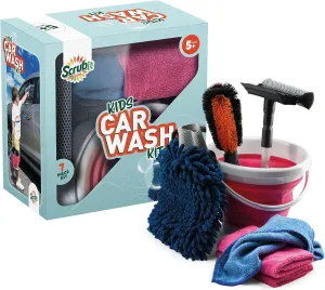 Kids Car Wash Activity Kit – 7 Kid-Sized Carwash Accessories Gifts for Boys & Girls Ages 5 6 7 8-10 - Outdoor Fun Toys – Set Includes Bucket, Squeegee, Microfiber Mitt, Wheel Brush, 3 Cleaning Cloths