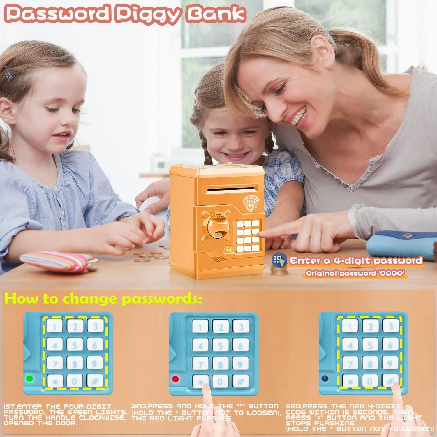 Kids Electronic Safe Mini ATM Piggy Bank Toy for 3-14 Year Old Boys and Girls (Orange)