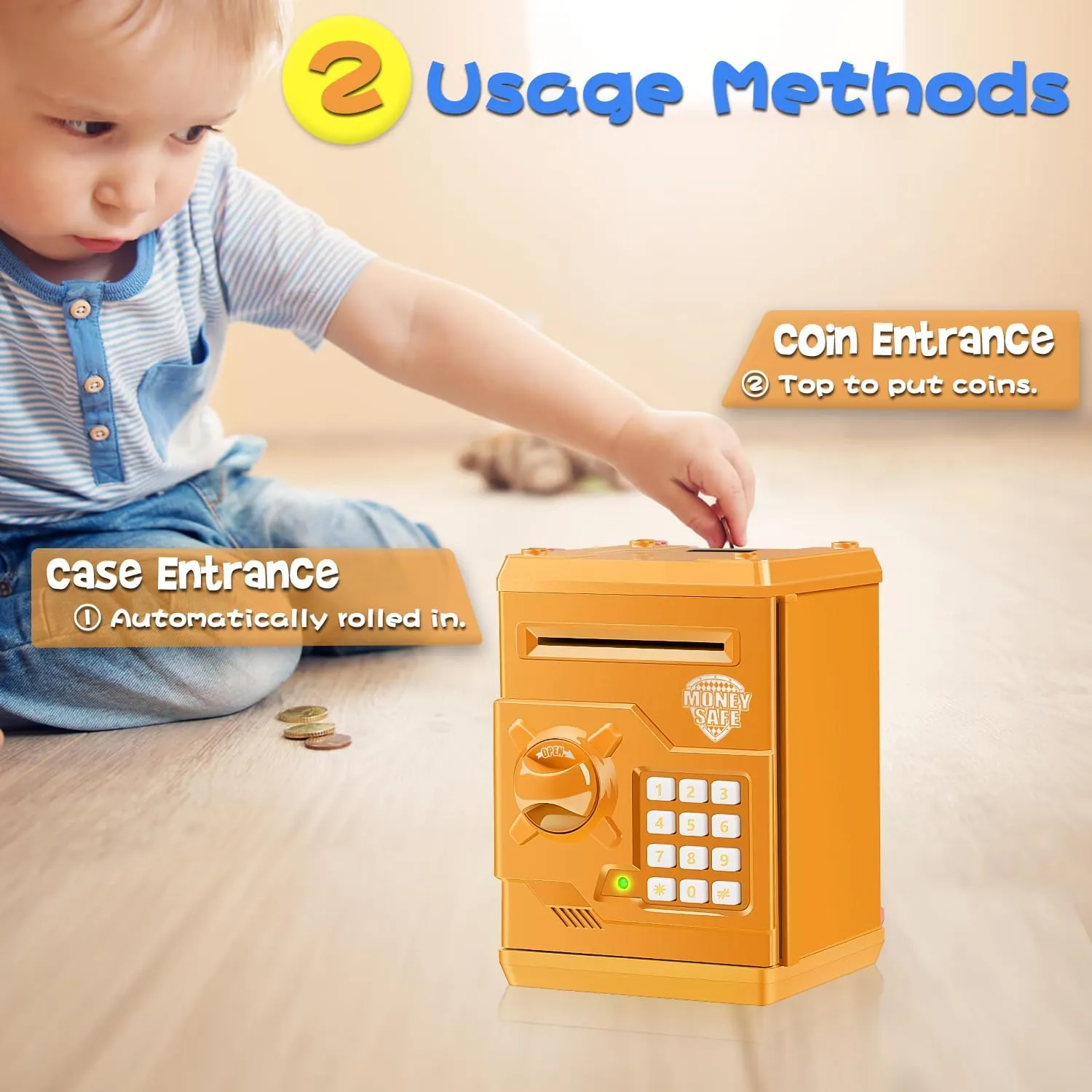 Kids Electronic Safe Mini ATM Piggy Bank Toy for 3-14 Year Old Boys and Girls (Orange)