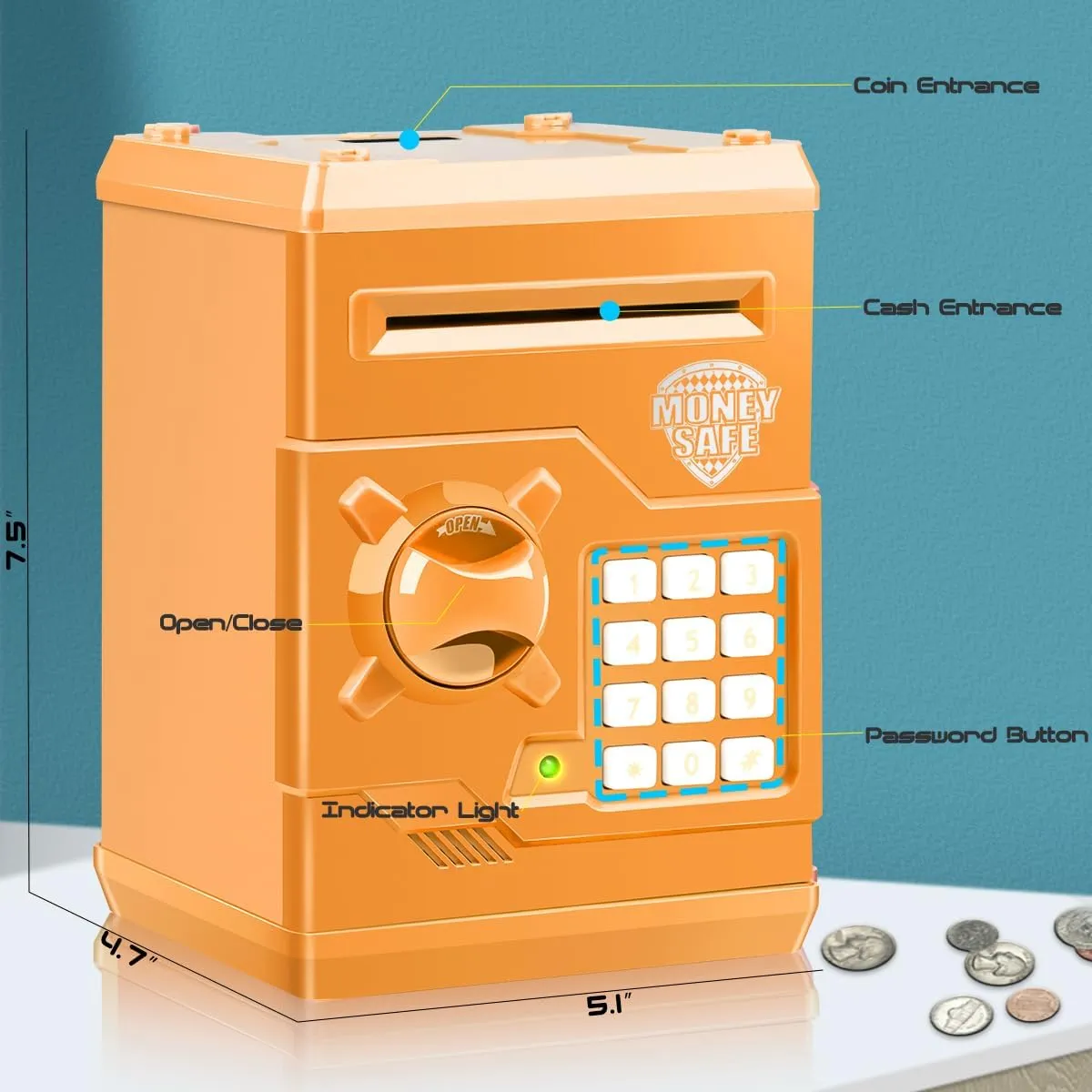 Kids Electronic Safe Mini ATM Piggy Bank Toy for 3-14 Year Old Boys and Girls (Orange)
