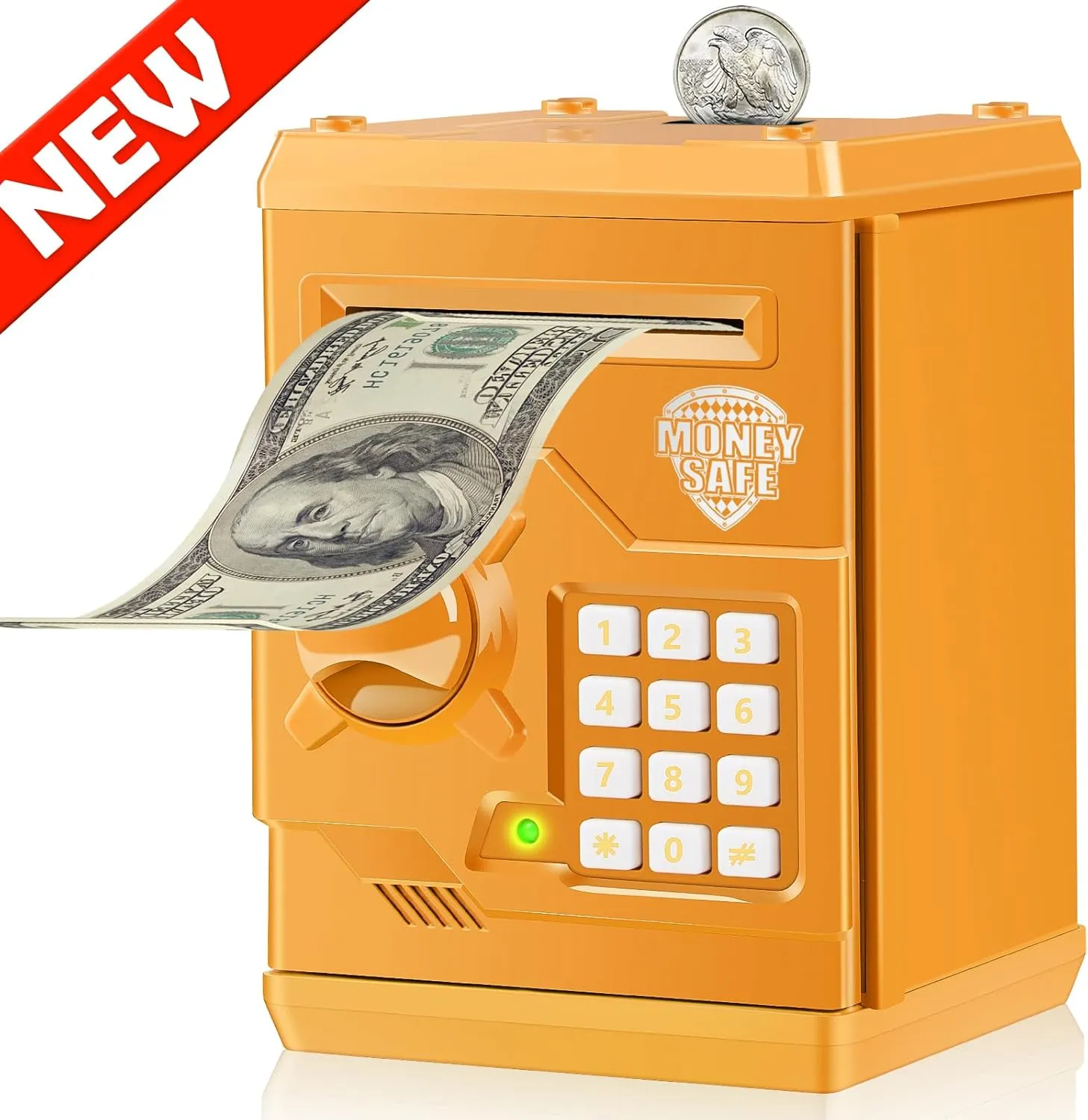 Kids Electronic Safe Mini ATM Piggy Bank Toy for 3-14 Year Old Boys and Girls (Orange)
