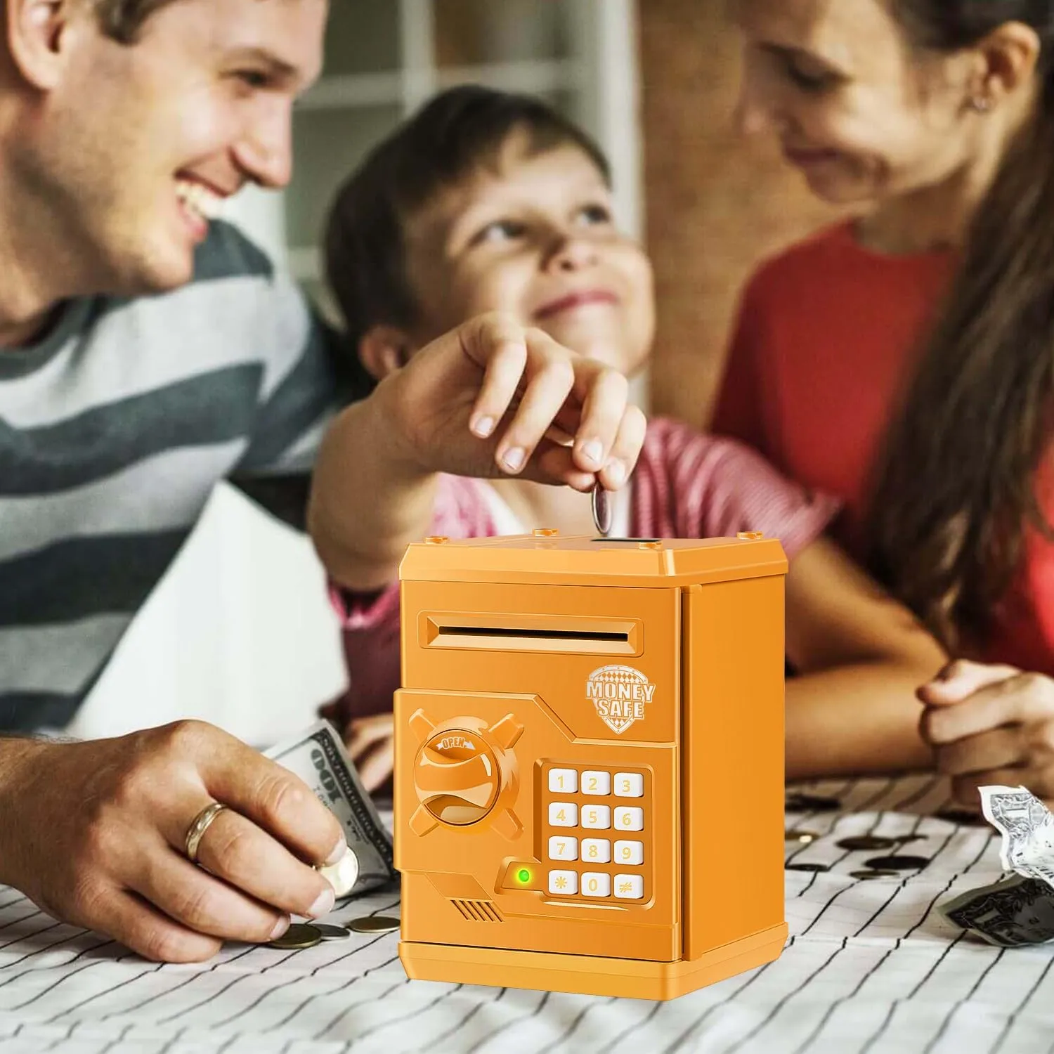 Kids Electronic Safe Mini ATM Piggy Bank Toy for 3-14 Year Old Boys and Girls (Orange)