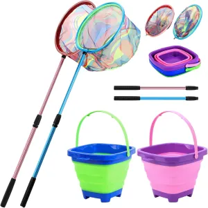 Kids Fishing Net, 2 Pack Telescopic Landing Nets with Aluminum Pole Handle, Collapsible Bucket Sand Pail, Butterfly Net, Fishing Net for Youth, Outdoor Playing