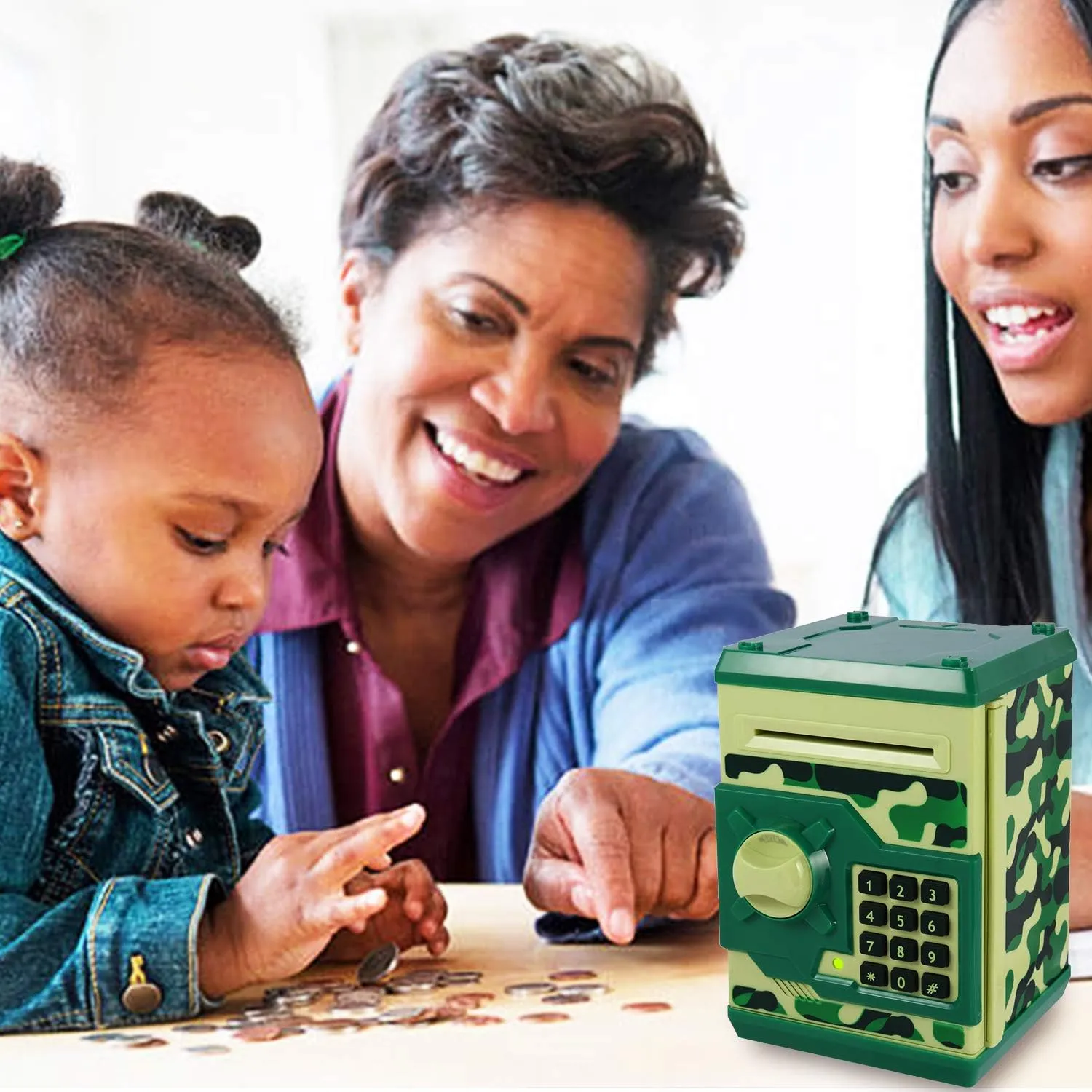 Kids Money Bank, Electronic Piggy Banks, Great Gift Toy for Kids Children, Auto Scroll Paper Money Saving Box Password Coin Bank,Perfect Toy Gifts for Boys Girls (Green Camo)