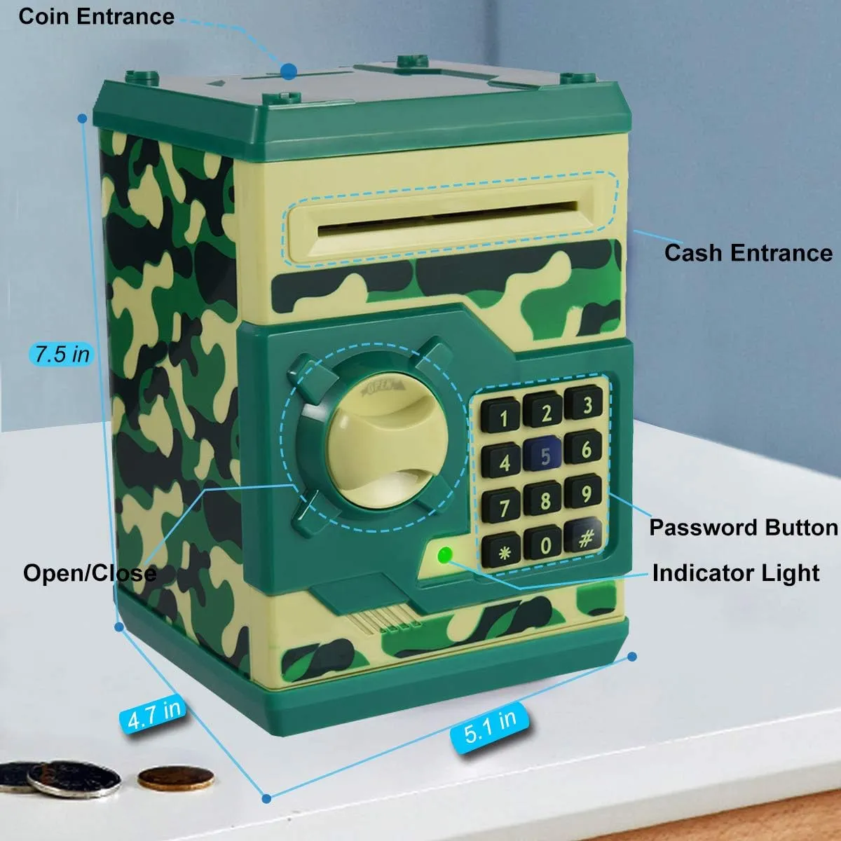Kids Money Bank, Electronic Piggy Banks, Great Gift Toy for Kids Children, Auto Scroll Paper Money Saving Box Password Coin Bank,Perfect Toy Gifts for Boys Girls (Green Camo)