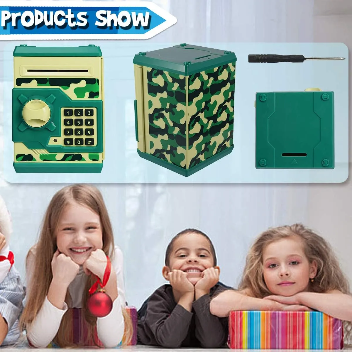 Kids Money Bank, Electronic Piggy Banks, Great Gift Toy for Kids Children, Auto Scroll Paper Money Saving Box Password Coin Bank,Perfect Toy Gifts for Boys Girls (Green Camo)