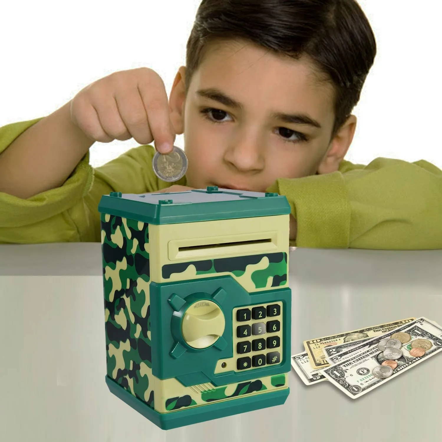 Kids Money Bank, Electronic Piggy Banks, Great Gift Toy for Kids Children, Auto Scroll Paper Money Saving Box Password Coin Bank,Perfect Toy Gifts for Boys Girls (Green Camo)