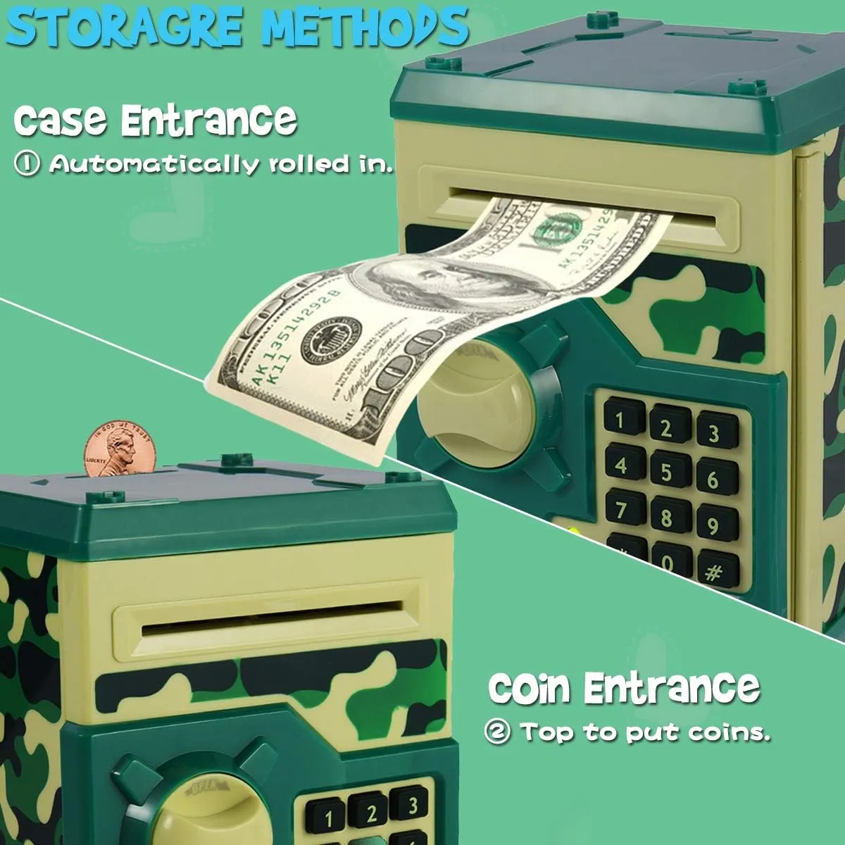 Kids Money Bank, Electronic Piggy Banks, Great Gift Toy for Kids Children, Auto Scroll Paper Money Saving Box Password Coin Bank,Perfect Toy Gifts for Boys Girls (Green Camo)