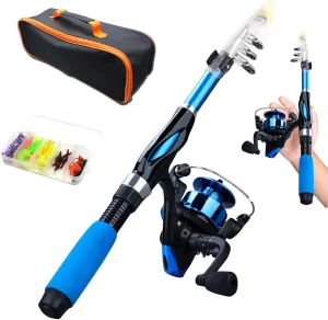Kids Spinning Combos, 4pcs Telescopic Portable Mini Kids Fishing Rod Starter Set, Ceramic Guide Ring, Fiberglass Lure Fishing Rod for Beginner, Blue, 31-110cm (12.20-43.31inch)