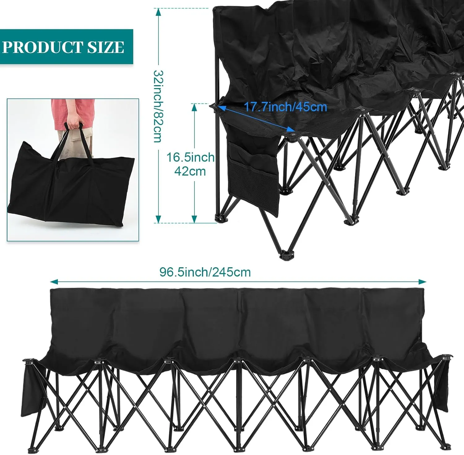 Kigley 6 Seats Folding Soccer Bench Chair Portable Team Sports Sideline Bench for Football Camp Travel Events Outdoor Seating with Storage Bag