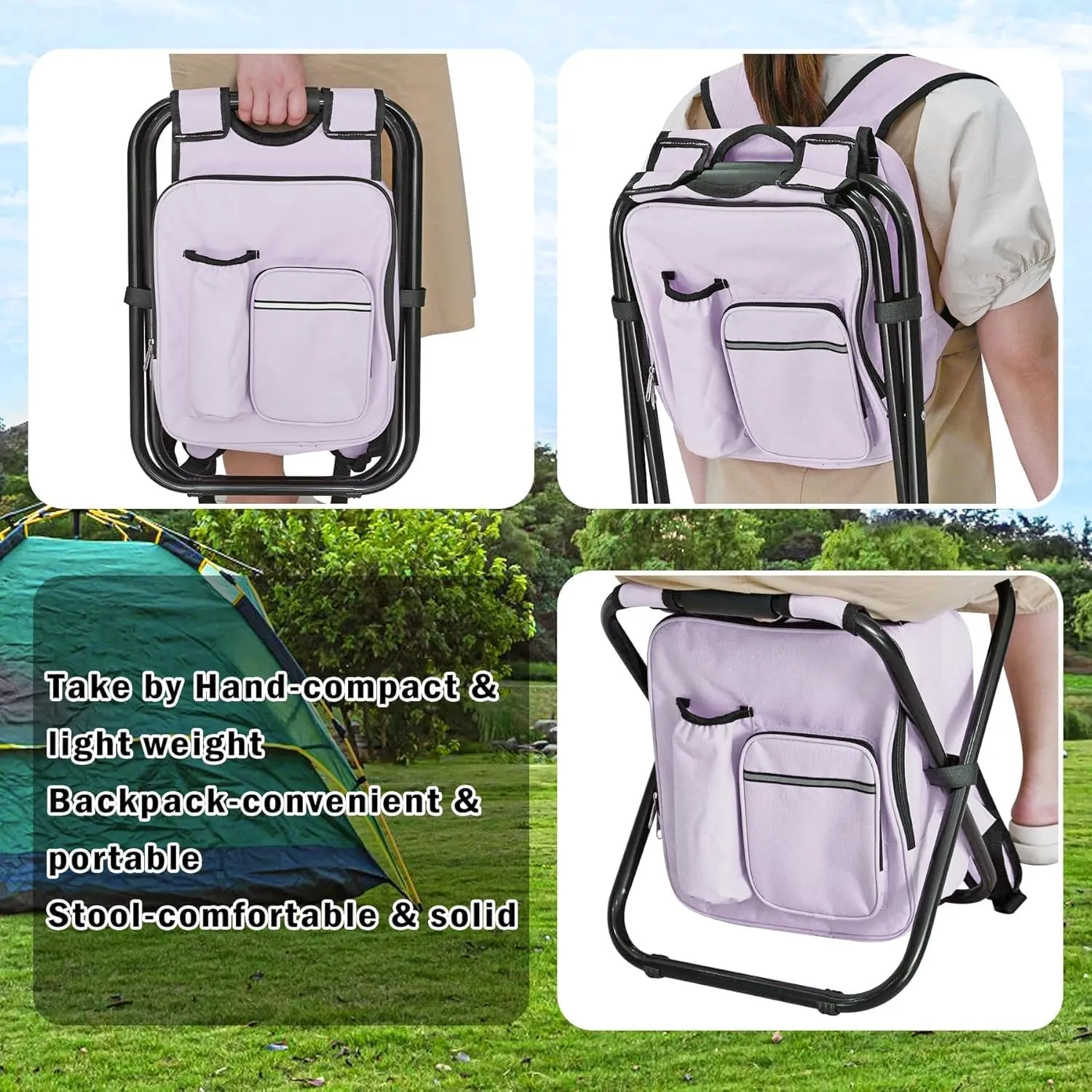 Kikerike Backpack Stool Cooler Chair Heavy Duty 400 LBS Max Load Portable Lightweight Stool Backpack Folding Fishing Cooler Seat for Camping Hunting Fishing - Pale Amethyst