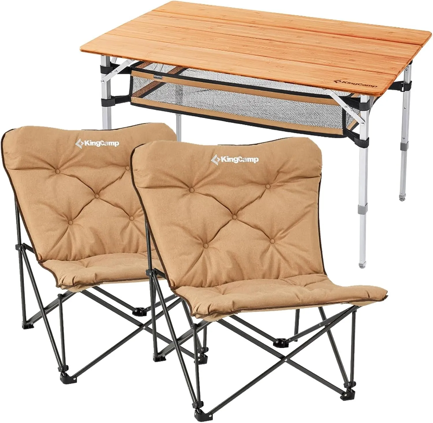 KingCamp Bamboo Folding Table with Padded Oversized Camping Chair - 4-Folds Table and Super Comfort Butterfly Back Folding Chair