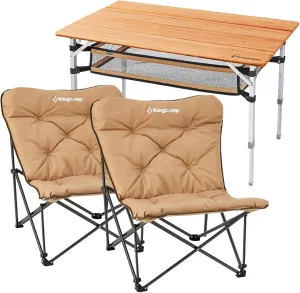 KingCamp Bamboo Folding Table with Padded Oversized Camping Chair - 4-Folds Table and Super Comfort Butterfly Back Folding Chair