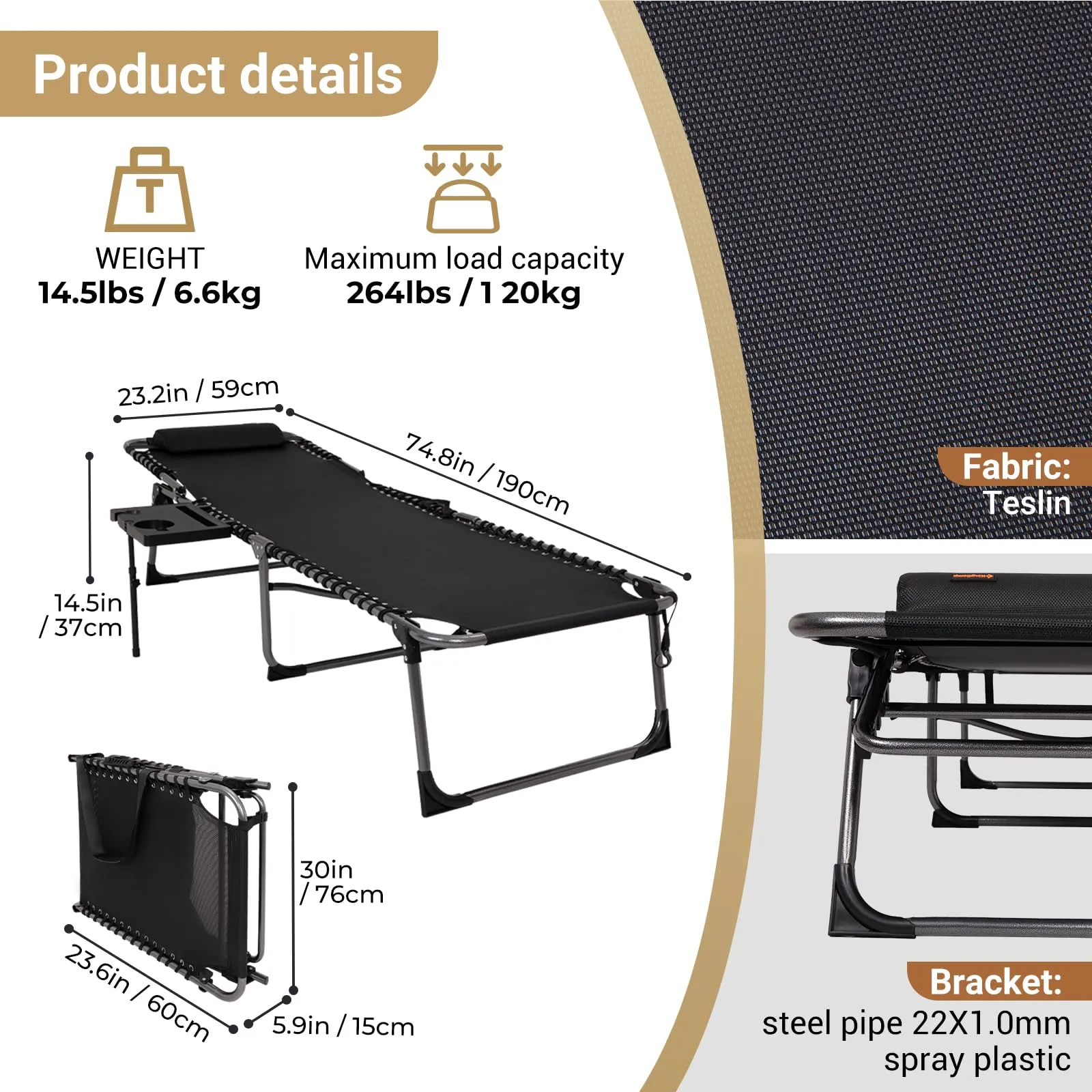 KingCamp Cool Lounge Chair Plus Textilene Lounge Chair with Side Table