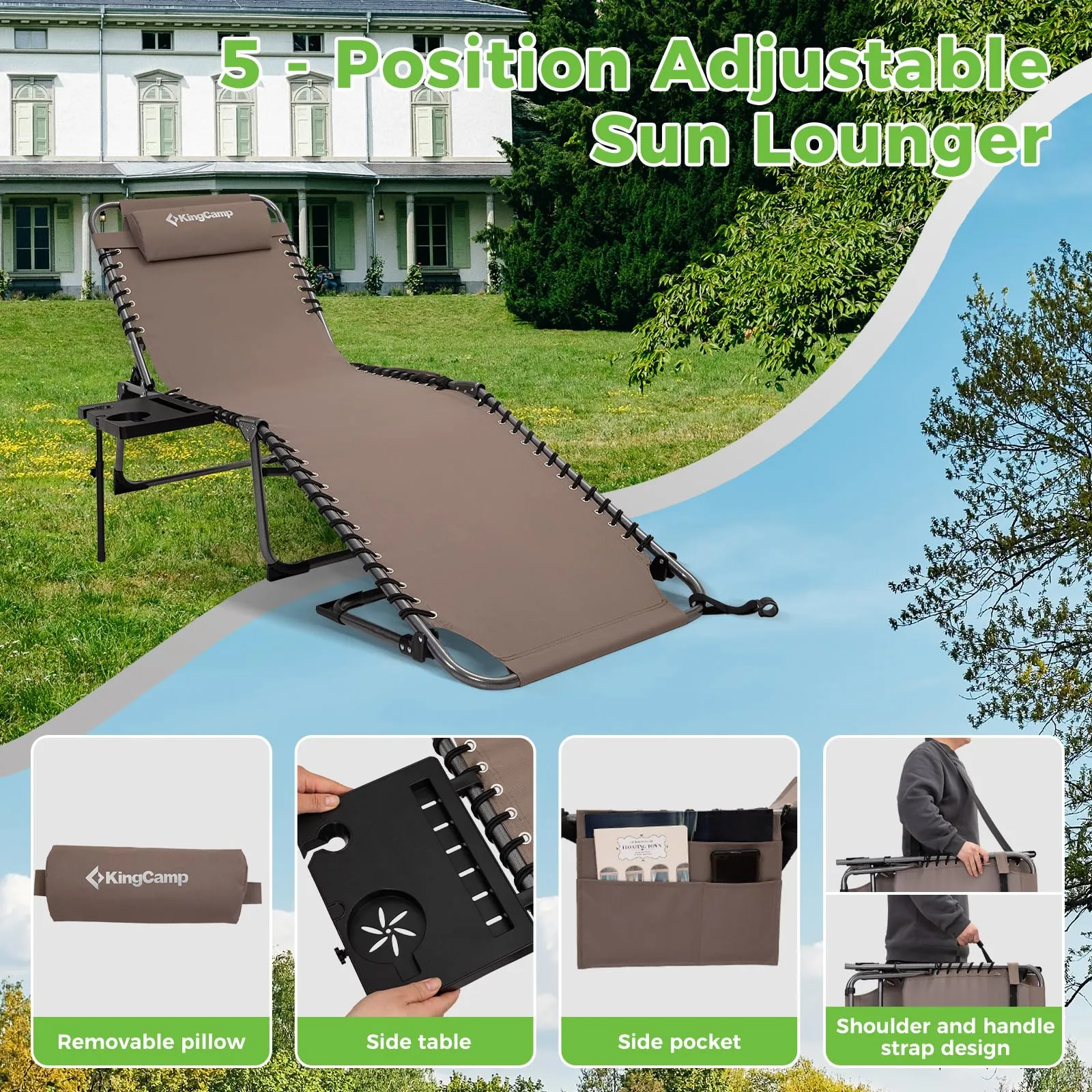 KingCamp Folding Chaise Lounge Chair with Pillow & Side Table
