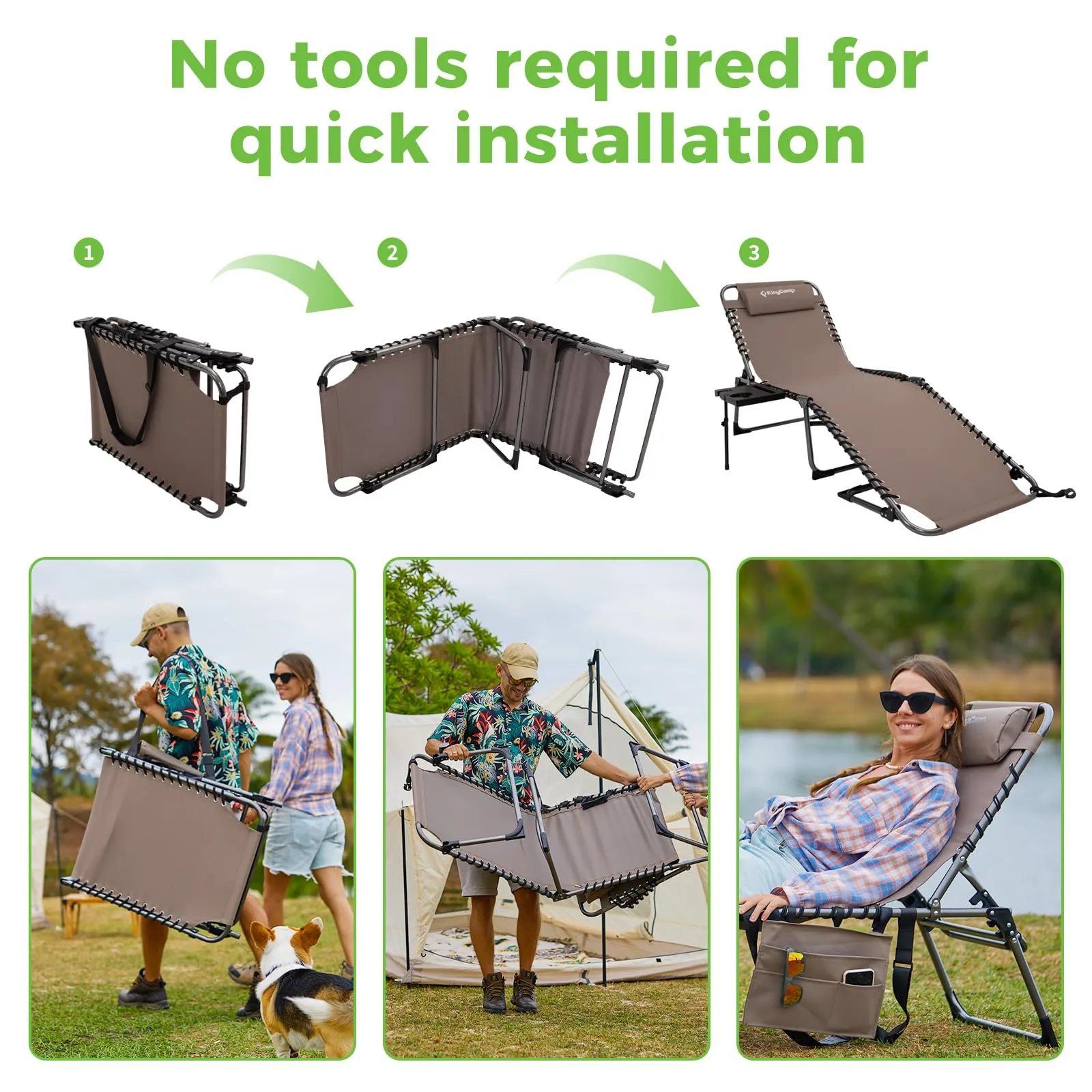 KingCamp Folding Chaise Lounge Chair with Pillow & Side Table