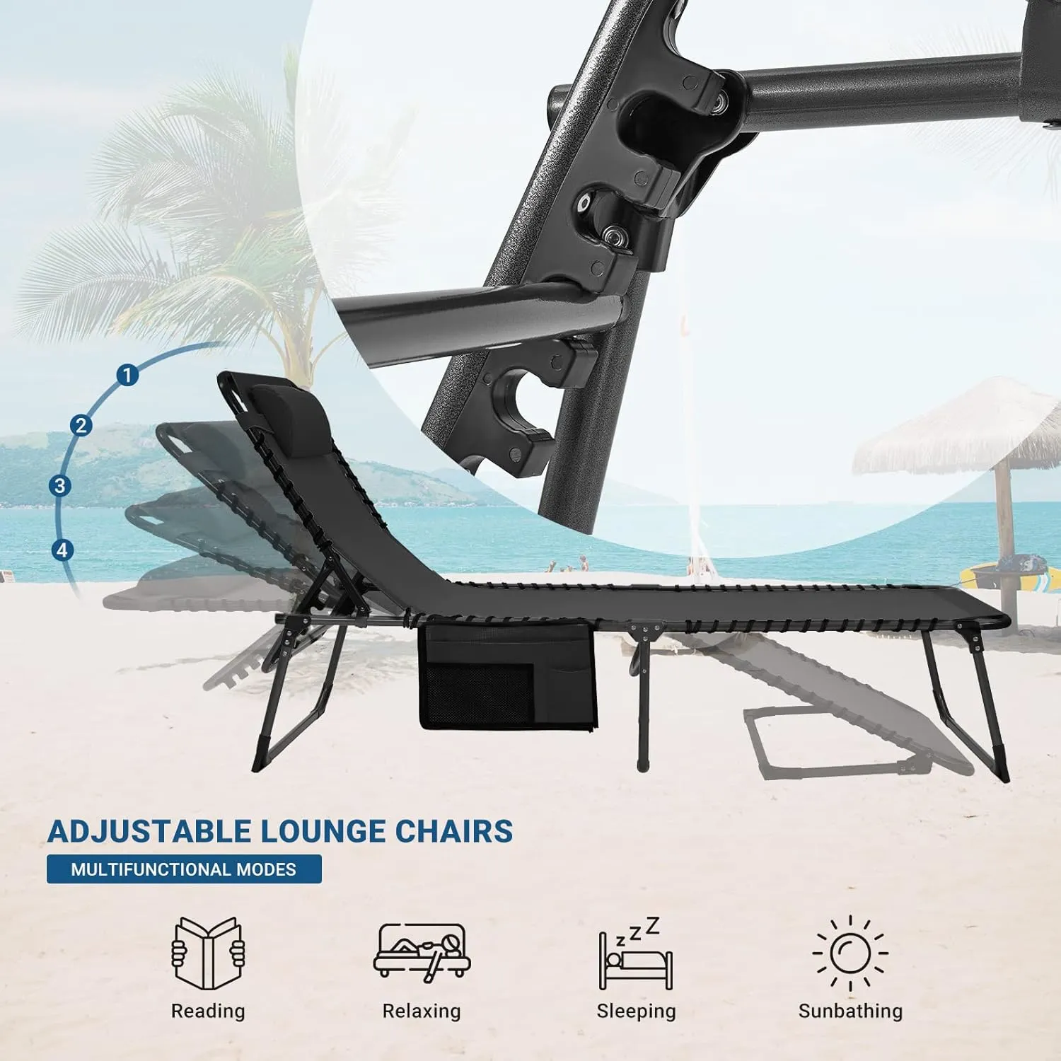 KingCamp Folding Outside Patio Lounge Chair with Comfortable Pad, Adjustable 4-Position Adults Reclining Folding Chaise with Pillow, Portable Camping cot for Patio, Pool, Beach, Sunbathing, Deck, Lawn
