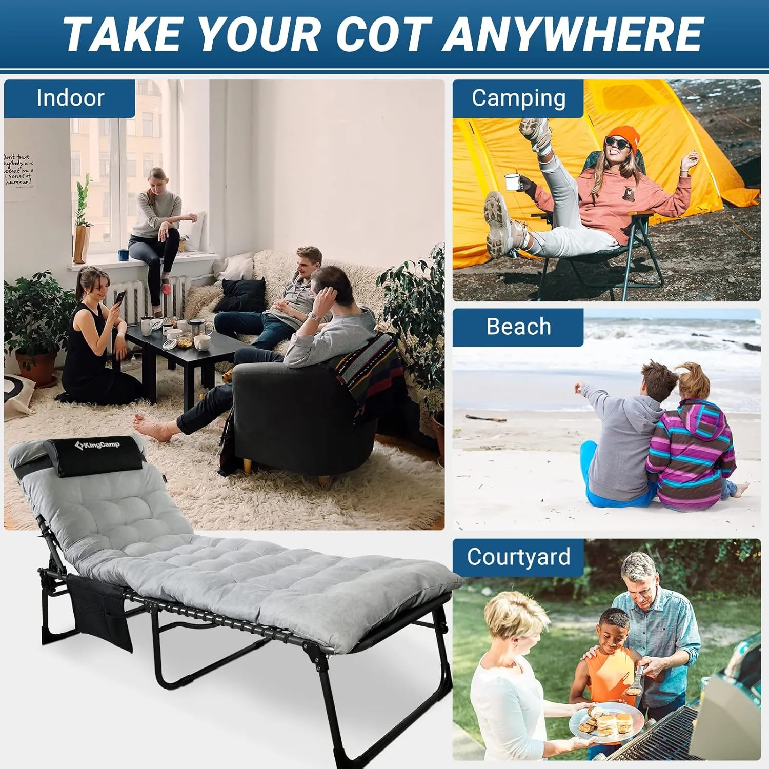 KingCamp Folding Outside Patio Lounge Chair with Comfortable Pad, Adjustable 4-Position Adults Reclining Folding Chaise with Pillow, Portable Camping cot for Patio, Pool, Beach, Sunbathing, Deck, Lawn