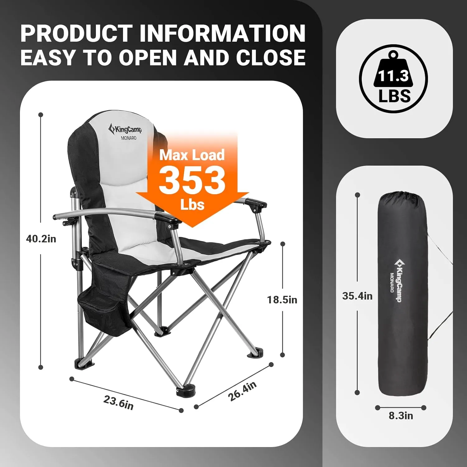 KingCamp Folding Portable Camping Chairs Oversized Padded Quad Arm Chair with Cooler Bag, Cup Holder and Side Pocket, Heavy Duty Supports 300 lbs for Outdoor, Lawn, Fishing, Sports