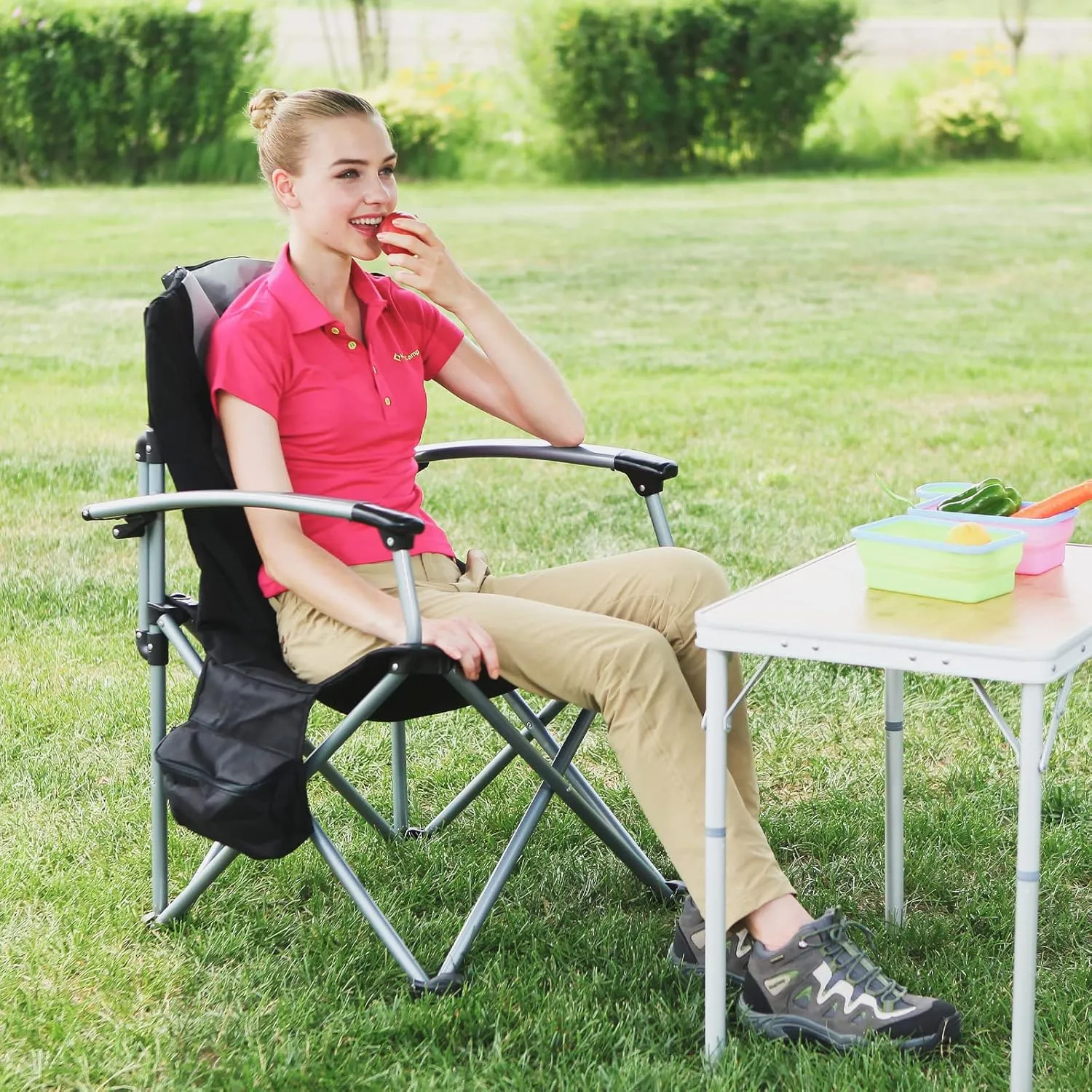 KingCamp Folding Portable Camping Chairs Oversized Padded Quad Arm Chair with Cooler Bag, Cup Holder and Side Pocket, Heavy Duty Supports 300 lbs for Outdoor, Lawn, Fishing, Sports