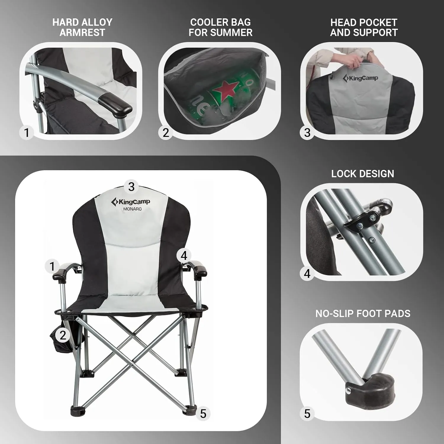 KingCamp Folding Portable Camping Chairs Oversized Padded Quad Arm Chair with Cooler Bag, Cup Holder and Side Pocket, Heavy Duty Supports 300 lbs for Outdoor, Lawn, Fishing, Sports