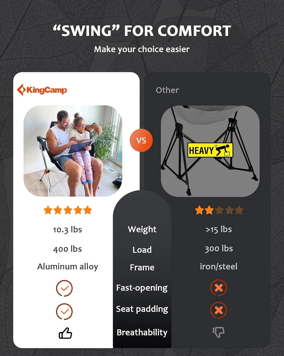 KingCamp Hammock Chair with Footrest, Swinging Portable Folding Camping Chairs for Adults 400lbs Heavy Duty Foldable Oversized Rocker with Cup Holder Pillow for Outdoor Beach Patio Sport Lawn
