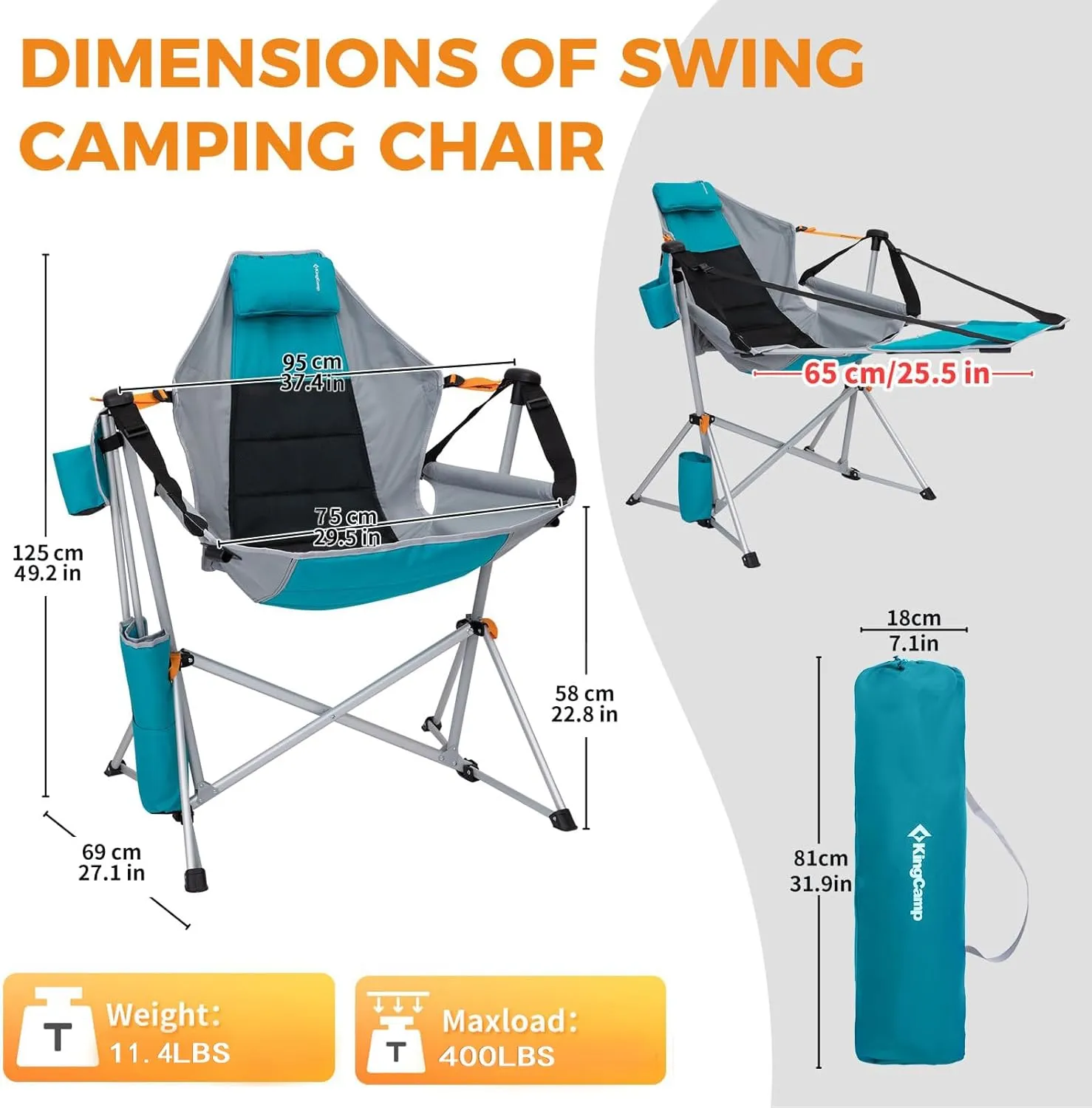 KingCamp Hammock Chair with Footrest, Swinging Portable Folding Camping Chairs for Adults 400lbs Heavy Duty Foldable Oversized Rocker with Cup Holder Pillow for Outdoor Beach Patio Sport Lawn