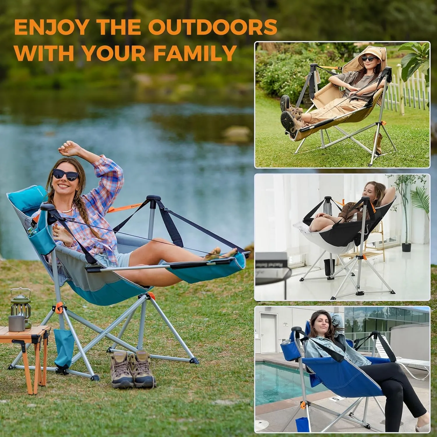 KingCamp Hammock Chair with Footrest, Swinging Portable Folding Camping Chairs for Adults 400lbs Heavy Duty Foldable Oversized Rocker with Cup Holder Pillow for Outdoor Beach Patio Sport Lawn