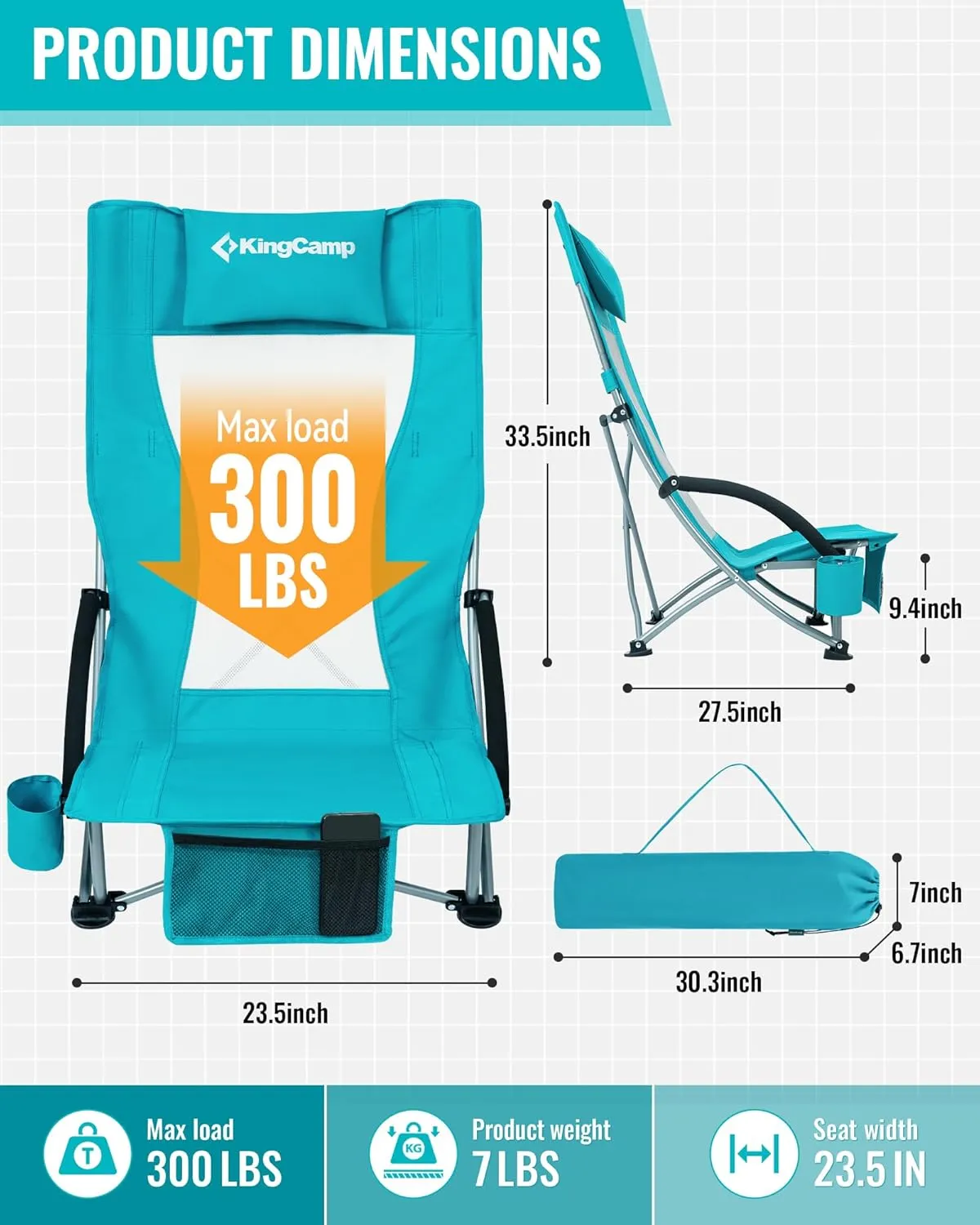 KingCamp Low Beach Chairs, Portable Folding Chair for Adults Extra Wide Ergonomic High Back Seat 300lbs Heavy Duty Lightweight Oversized Gear with Carry Bag for Outdoor Lawn Camping Picnic