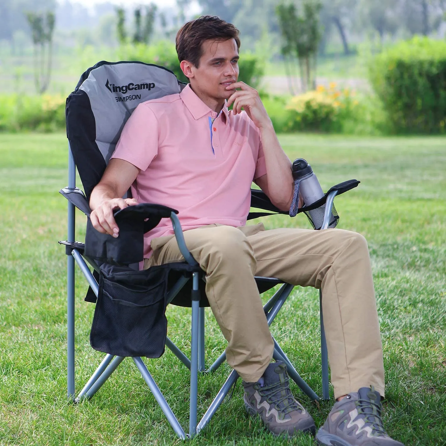 Kingcamp Lumbar Back Padded Oversized Folding Camping Chair with Cooler Bag Armrest and Cup Holder, Heavy Duty Supports 350 Lbs for Fishing Sports Picnic, Black/Mediumgrey