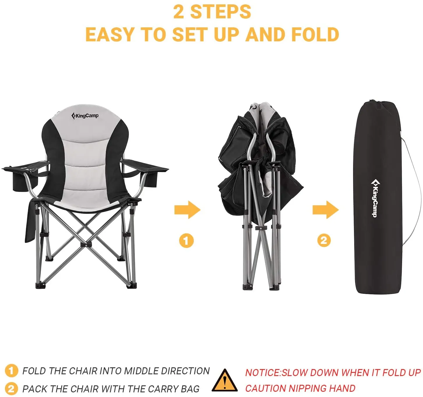 Kingcamp Lumbar Back Padded Oversized Folding Camping Chair with Cooler Bag Armrest and Cup Holder, Heavy Duty Supports 350 Lbs for Fishing Sports Picnic, Black/Mediumgrey