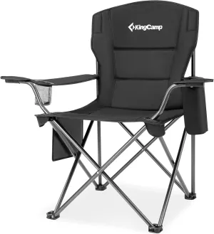KingCamp Oversized Heavy Duty Outdoor Camping Folding Chair, Ultralight Collapsible Padded Arm Chair with Cooler, Cup Holder, Side Pocket, Supports 300 lbs, Black