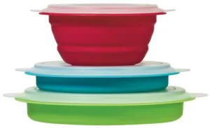 Kitchen Bowl Progressive International CB-20 Storage Bowl Set, Blue/ Green/ Red, One 1.5 Cup Capacity/ One 3 Cup Capacity/ One 5 Cup Capacity, Round, Collapses To 1/2 Of Its Original Size, Dishwasher Safe, Polypropylene Plastic, Set Of 3