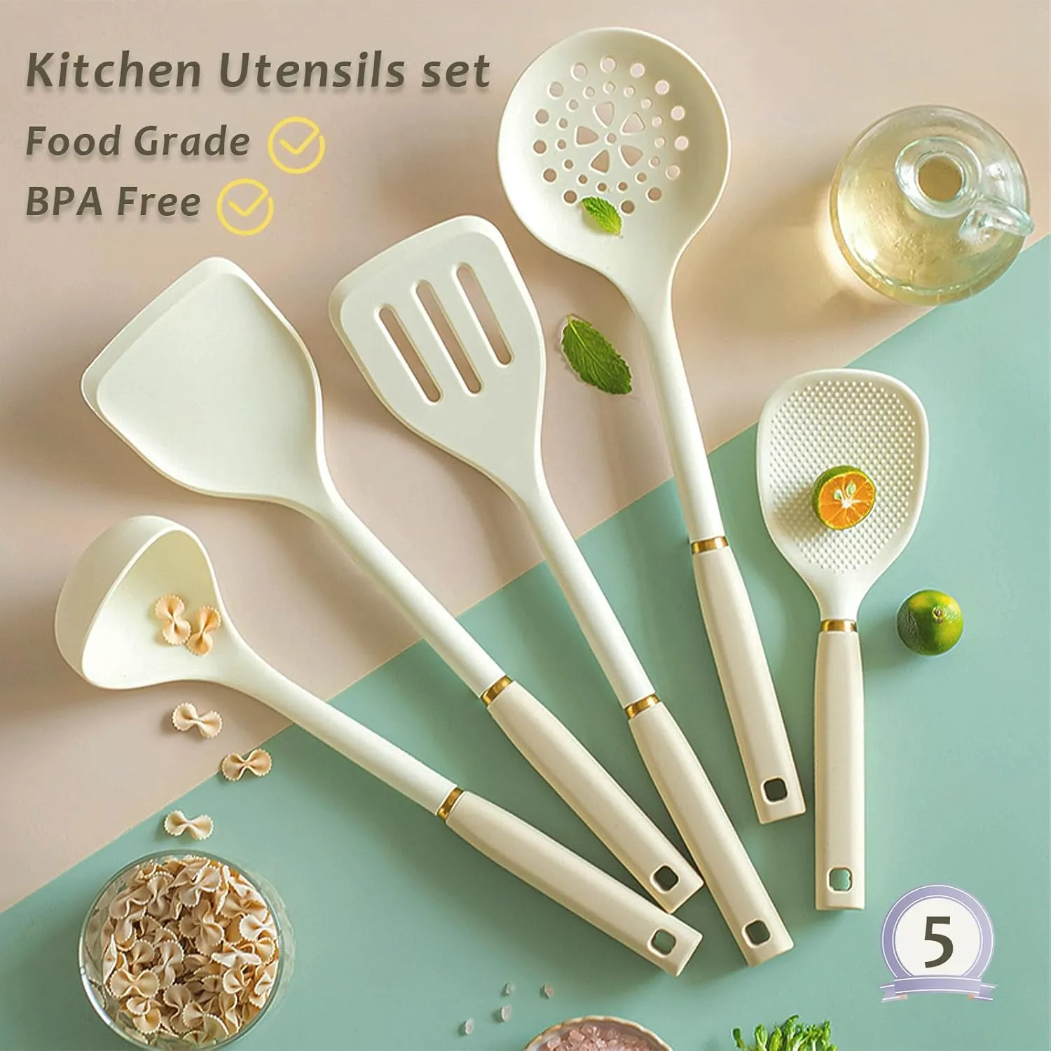 Kitchen Cooking Utensils Set, 5Pcs Food-Grade Silicone Utensils Spatula Set, Heat Resistant Cooking Tools Set for Nonstick Cookware, Includes Spatula, Spoon, Ladle, Turner, Dishwasher Safe (White)