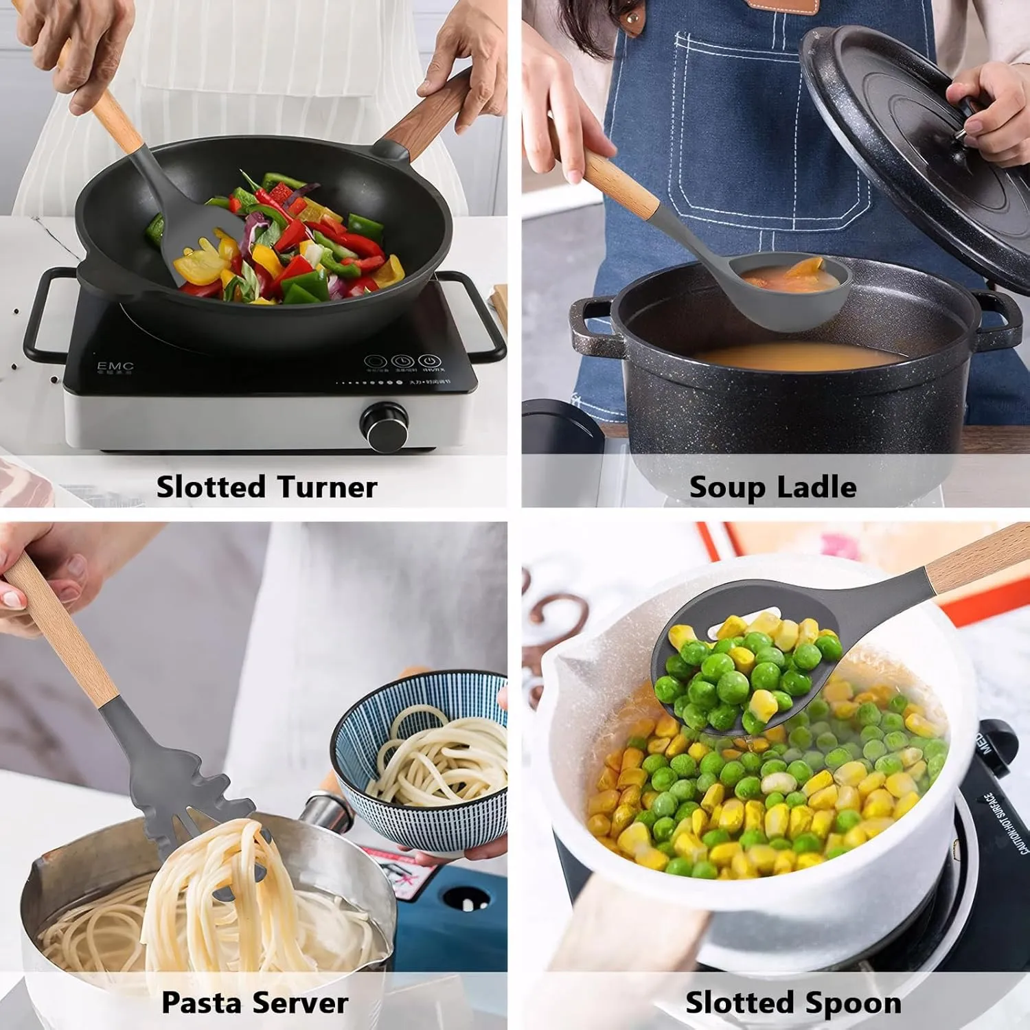 Kitchen Cooking Utensils Set, 6Pcs Silicone Kitchen Utensils Set Spatula Spoon Soup Ladle Turner, Heat Resistant Wooden Handle Silicone Cooking Gadgets for Nonstick Cookware & Baking BPA FREE