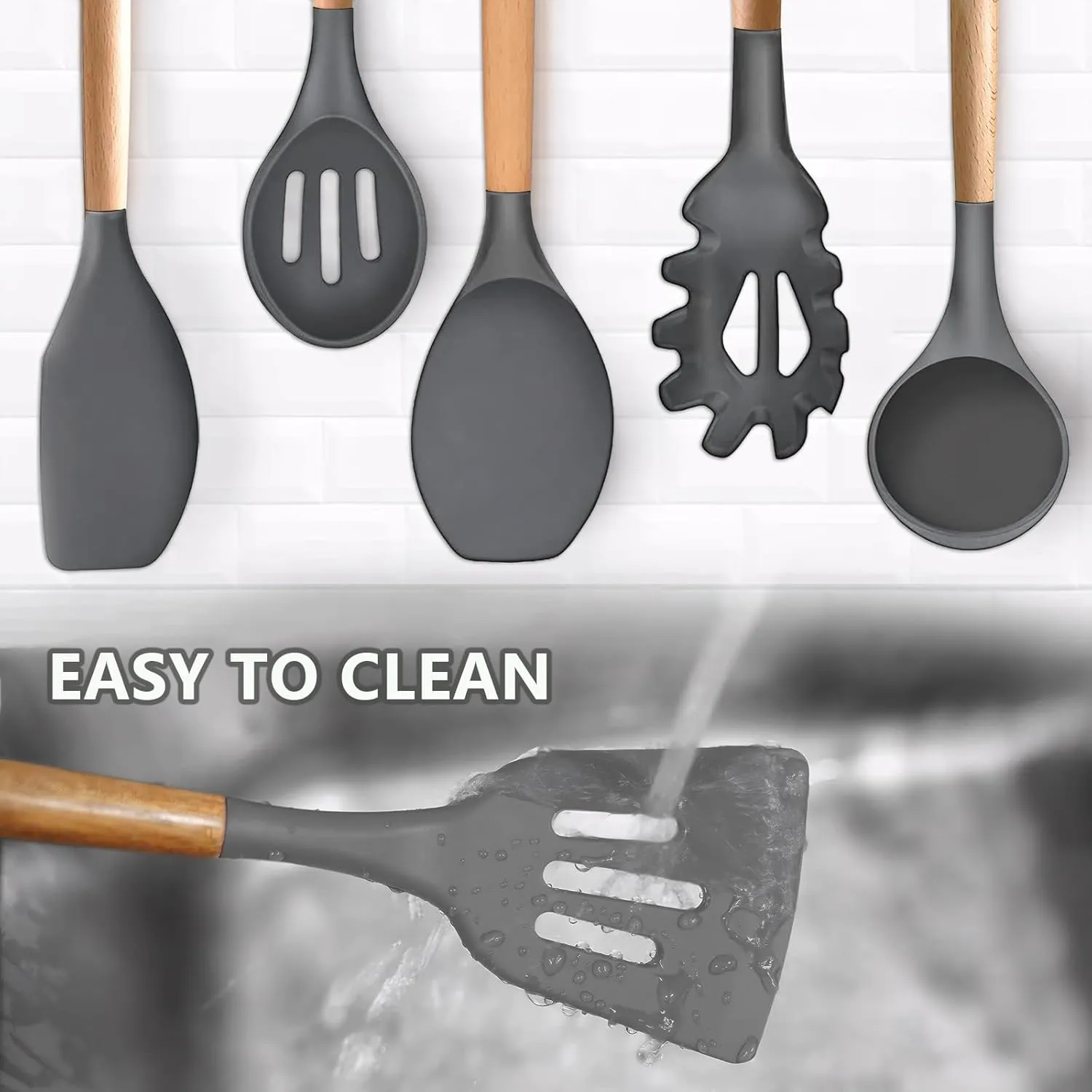Kitchen Cooking Utensils Set, 6Pcs Silicone Kitchen Utensils Set Spatula Spoon Soup Ladle Turner, Heat Resistant Wooden Handle Silicone Cooking Gadgets for Nonstick Cookware & Baking BPA FREE