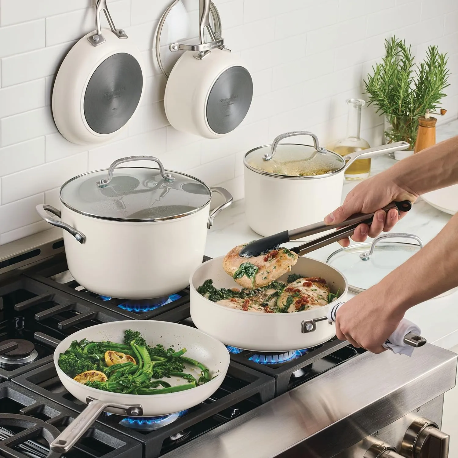 KitchenAid Hard Anodized Ceramic Nonstick Pots and Pans Set with Saucepans, Frying Pans, Stockpot, and Lids, 10 Piece Non Stick Cookware Set with Stainless Steel Handles - Porcelain White