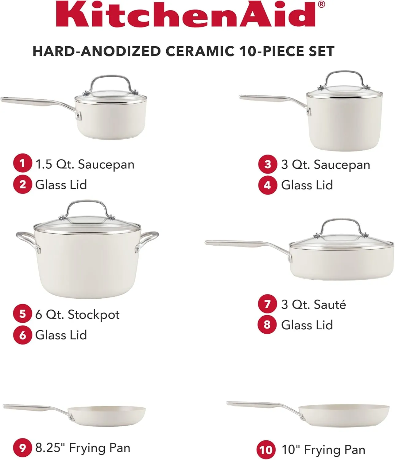 KitchenAid Hard Anodized Ceramic Nonstick Pots and Pans Set with Saucepans, Frying Pans, Stockpot, and Lids, 10 Piece Non Stick Cookware Set with Stainless Steel Handles - Porcelain White